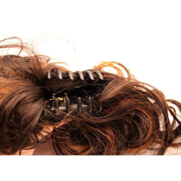 Curly Clip In Hair Extension 10" Ponytail Bun Brown Caramel Highlights Claw Clip - Picture 9 of 10
